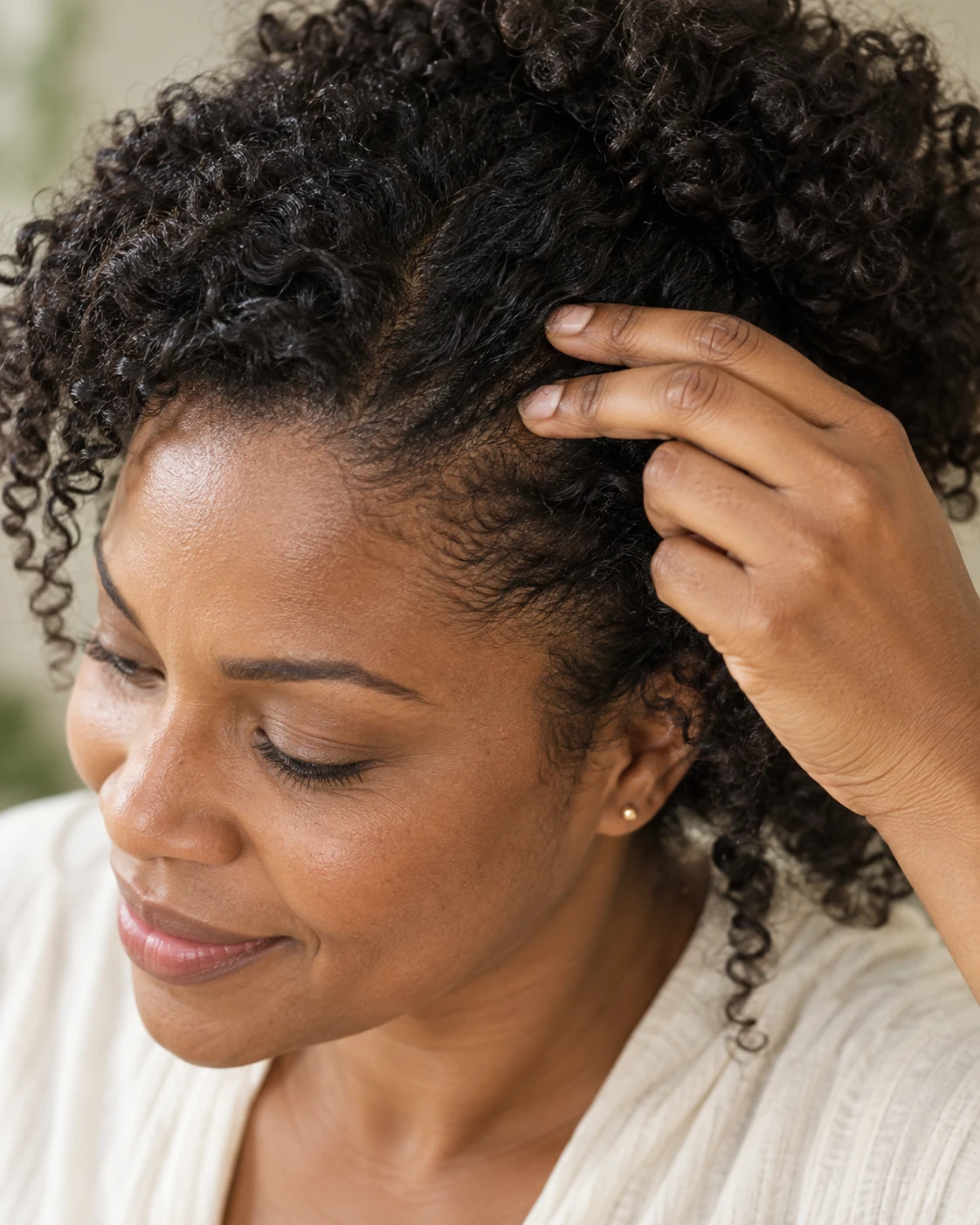 A woman gently caring for the scalp beneath her natural curls