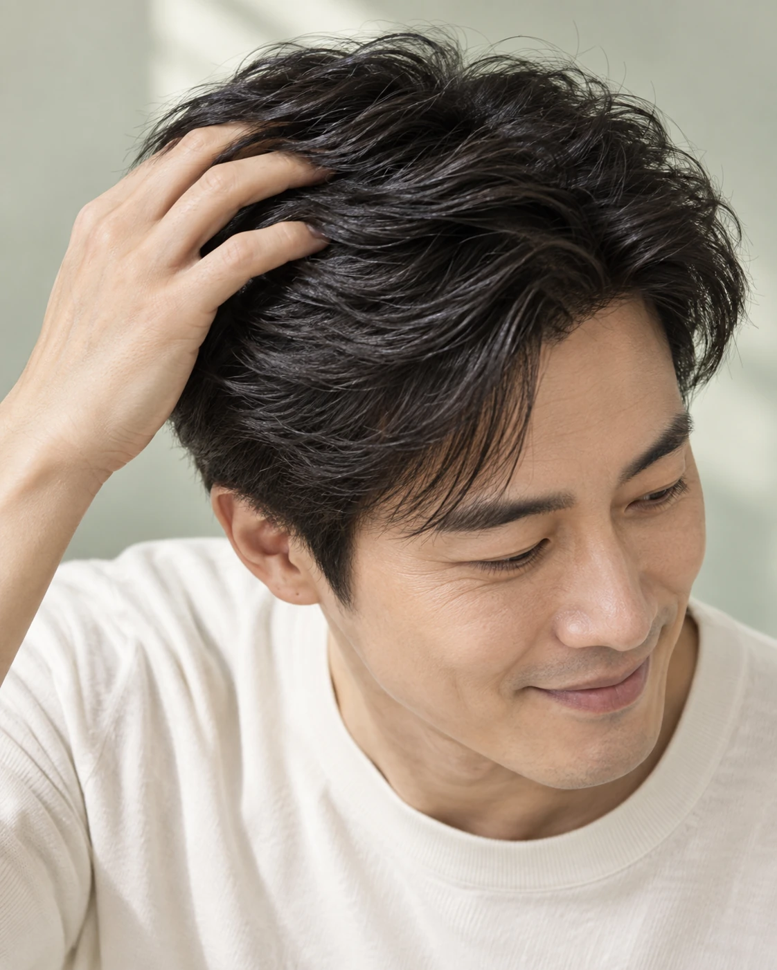 A smiling man gently smoothing his thick black hair at the crown