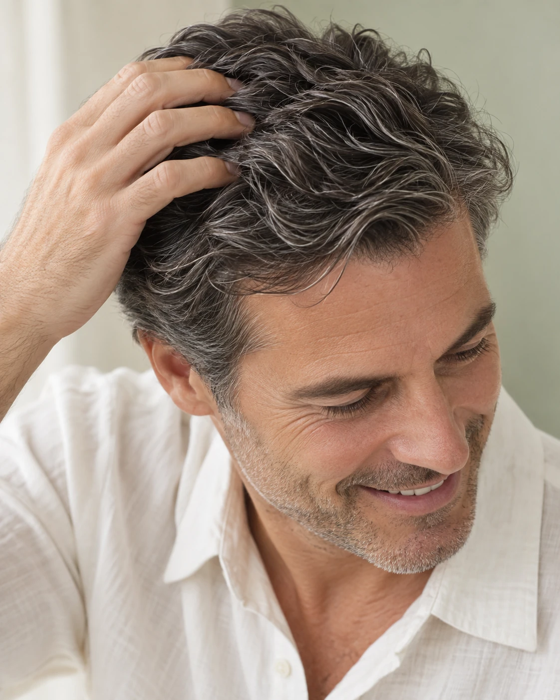 A man with thick salt-and-pepper hair enjoying his hair-care routine