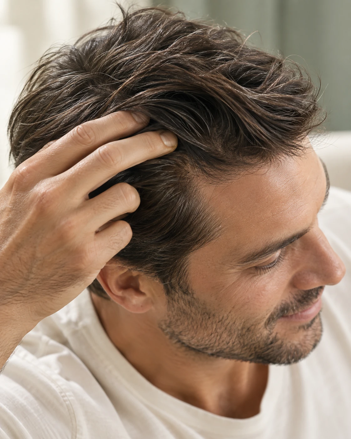 Close-up of a man gently working his fingertips through the roots of his hair