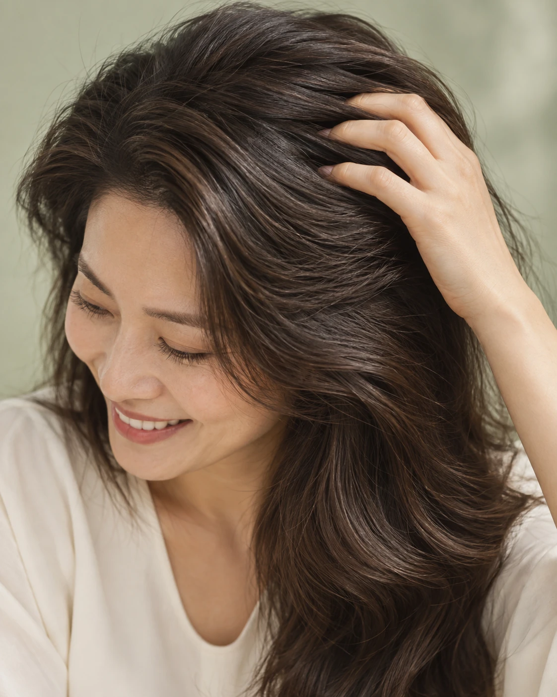 A smiling woman gently touching the roots of her full dark waves